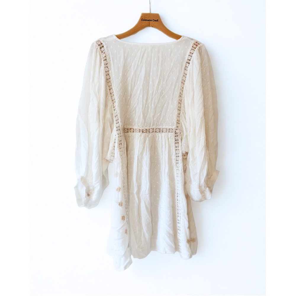 Free People Ivory Embroidered Boho Peasant Tunic Top Lace Inset Balloon Sleeve L - Picture 3 of 5